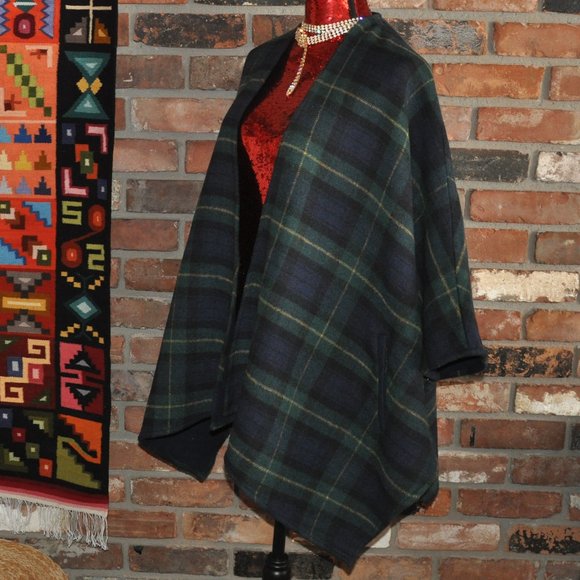 New Cartonnier Anthropologie GREEN & BLUE Plaid BLANKET CAPE Poncho Jacket Coat - Picture 2 of 5